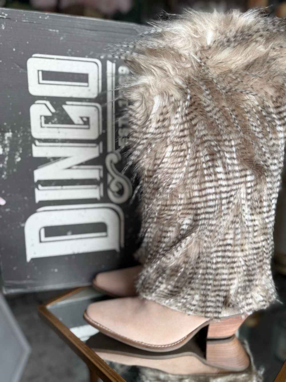 DINGO Leather suede with Faux Fur Feather Trim Beige Western Boots